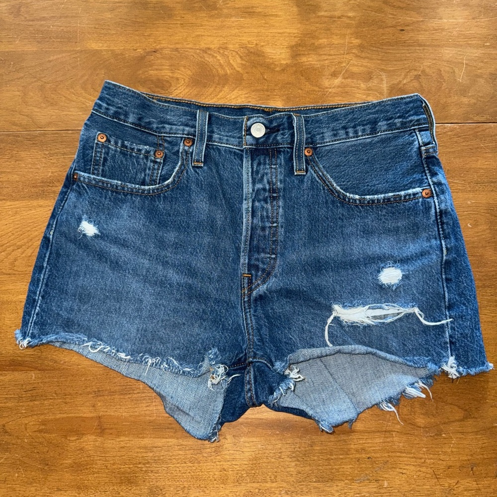 Levi's Blue High Waist Distressed Denim Shorts